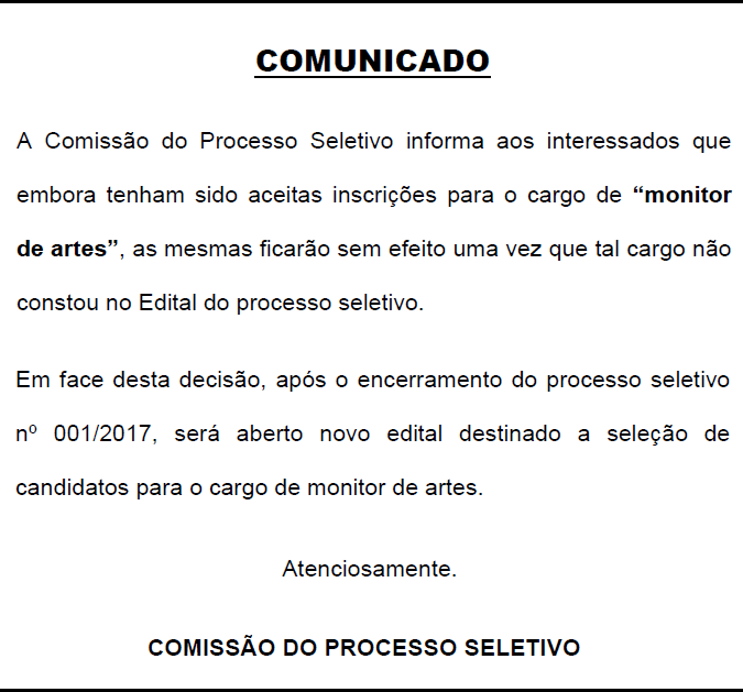 Comunicado sobre os processos seletivos